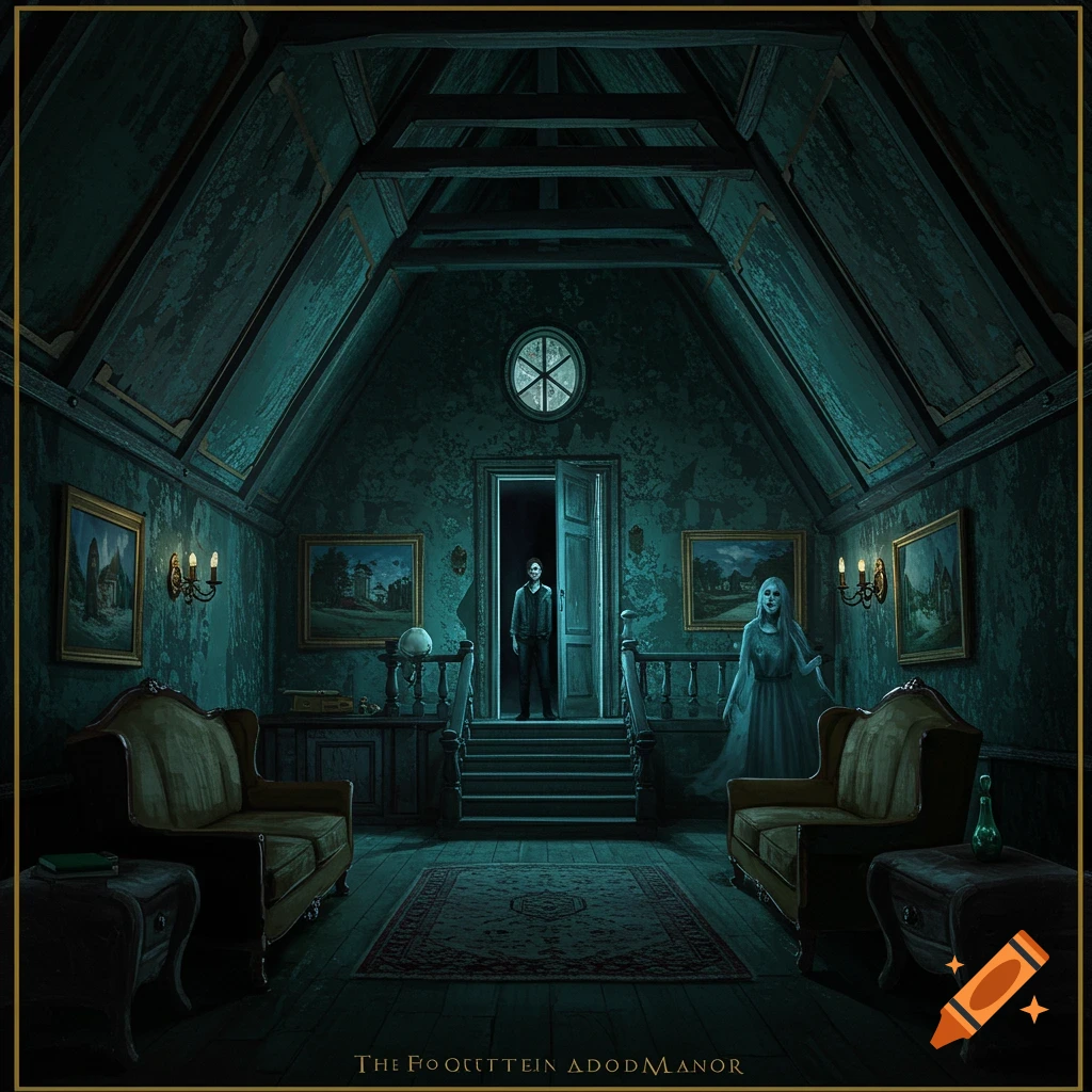 A person and a ghost in a dark, abandoned haunted manor interior.