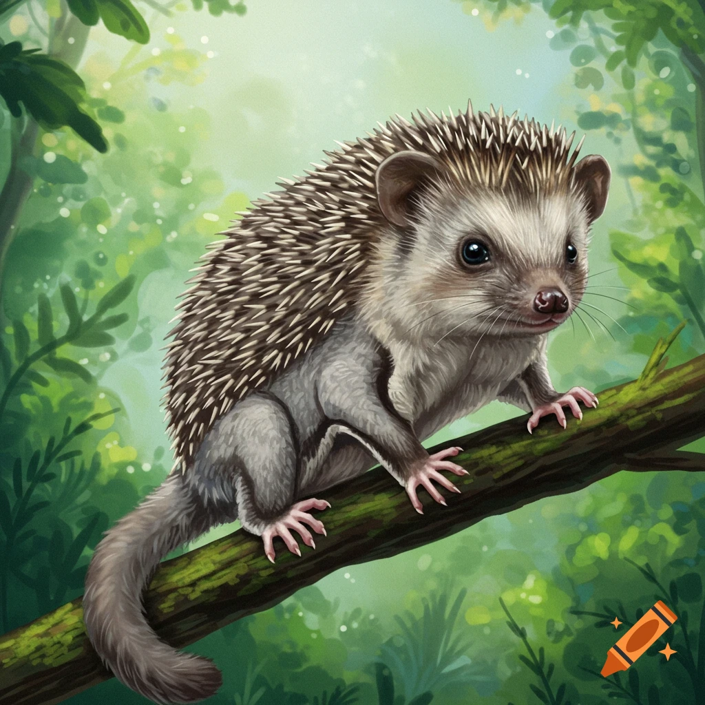 A hedgehog and sugar glider hybrid on a tree branch in a forest.