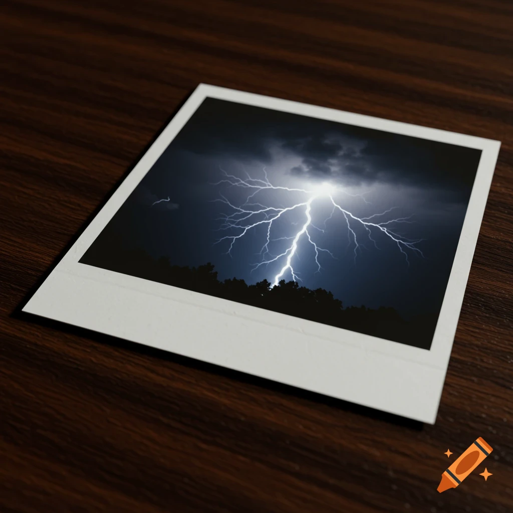 Polaroid photo of a lightning storm over trees, placed on a wooden table.