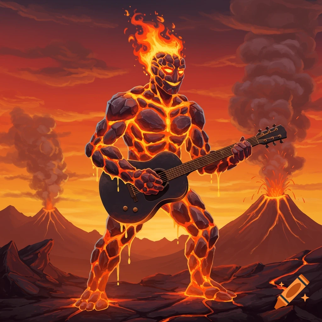 A lava man playing a guitar in a volcanic landscape with erupting volcanoes.