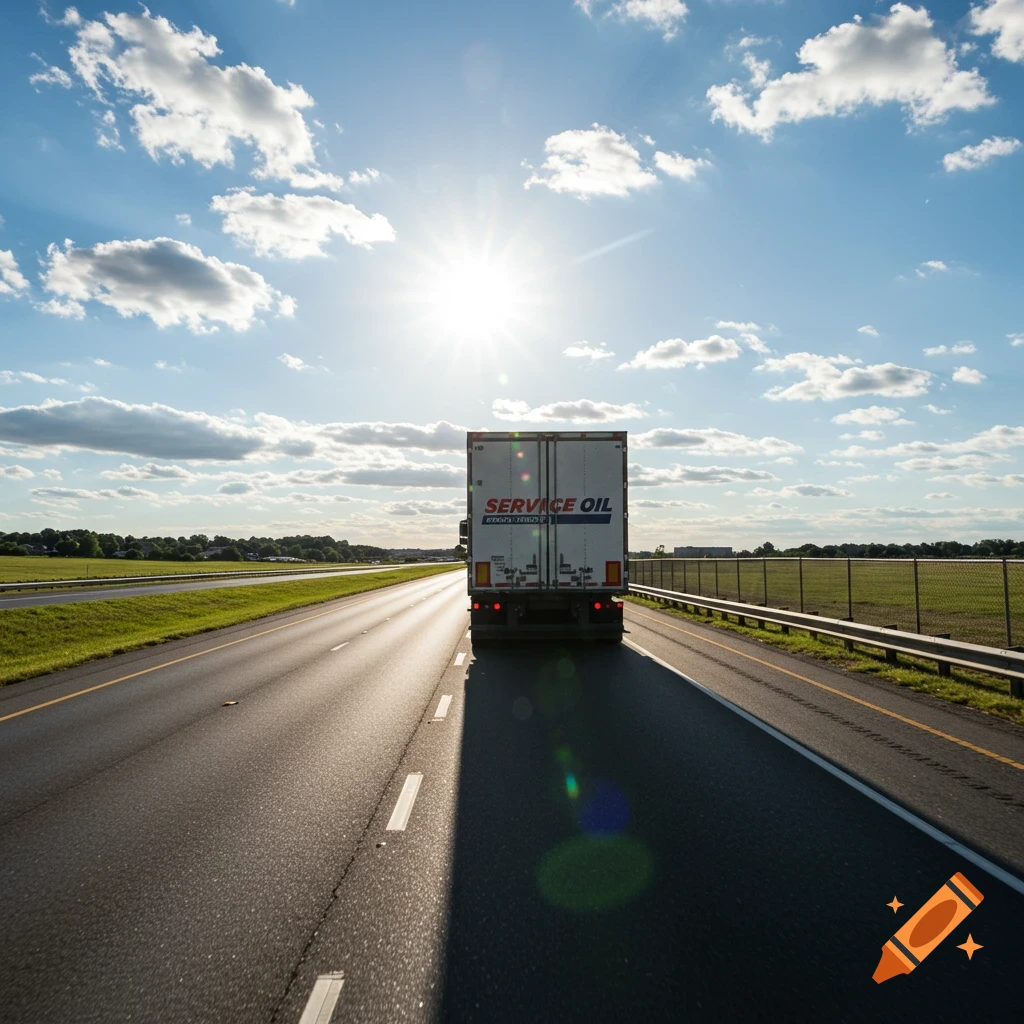A white semi-truck with 'SERVICE OIL' on the back drives down a sunny highway.
