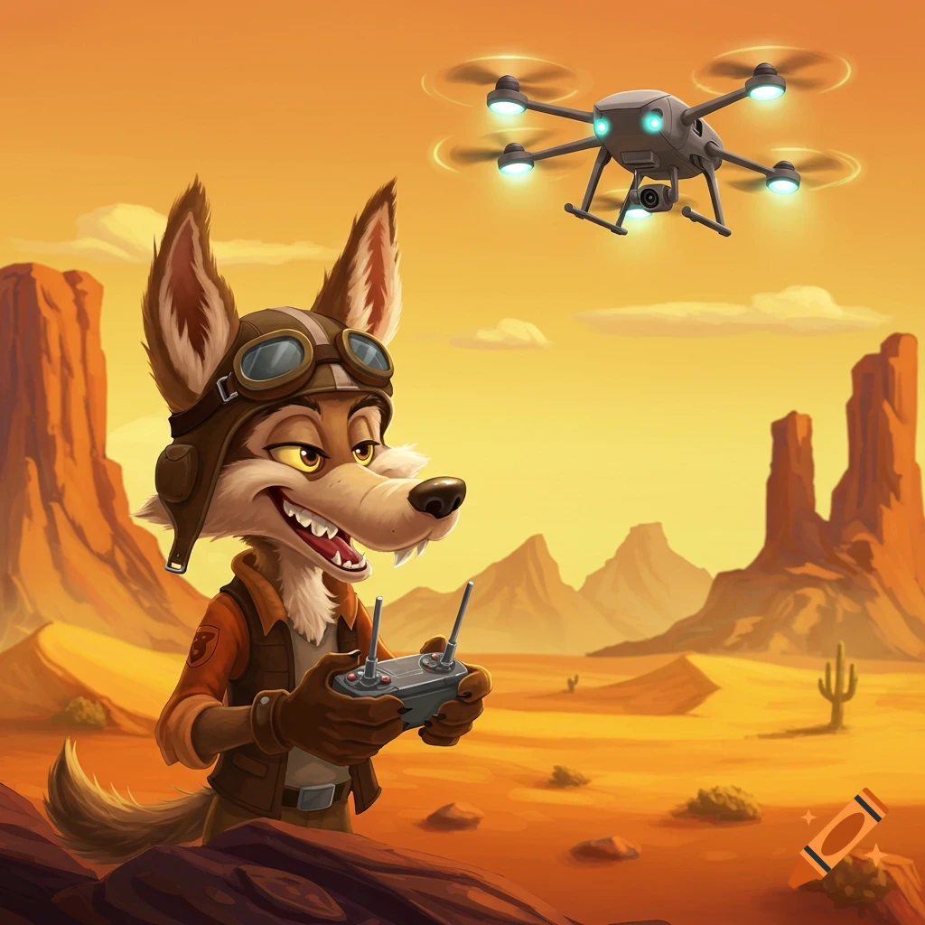 A cartoon coyote wearing pilot goggles controls a drone in a desert landscape.