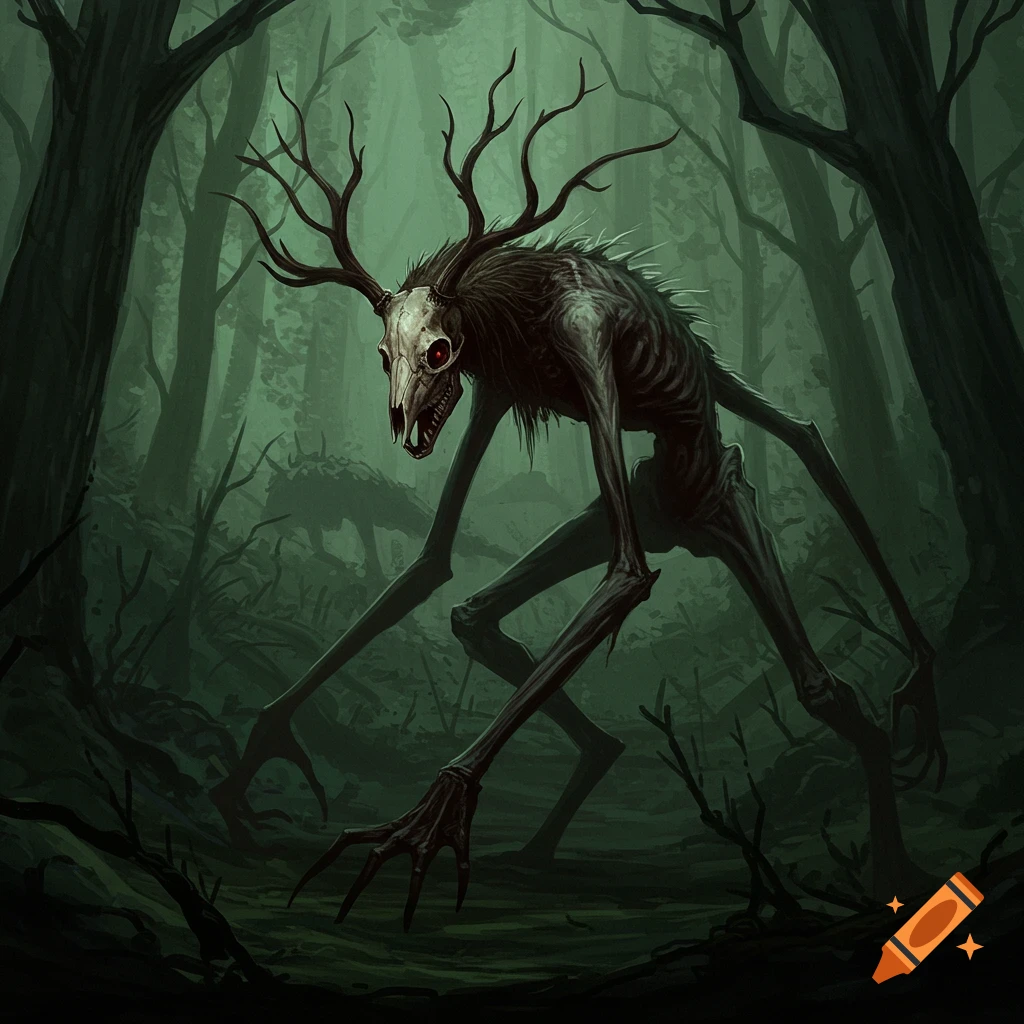 A gaunt monster with antlers and a skull face stands in a dark forest