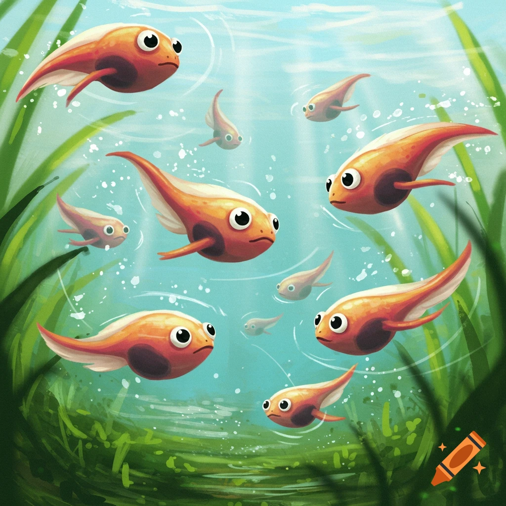 Several cartoon-style tadpoles swim underwater among plants.