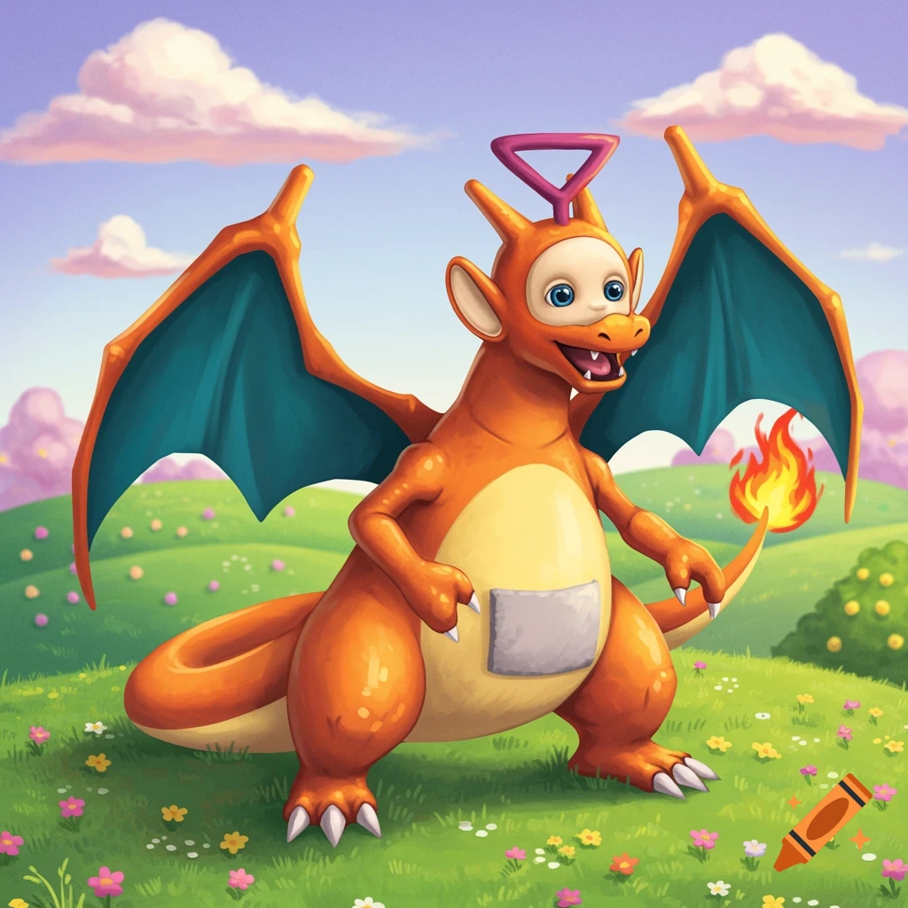 A Charizard and Teletubby fusion stands in a grassy field with flowers.
