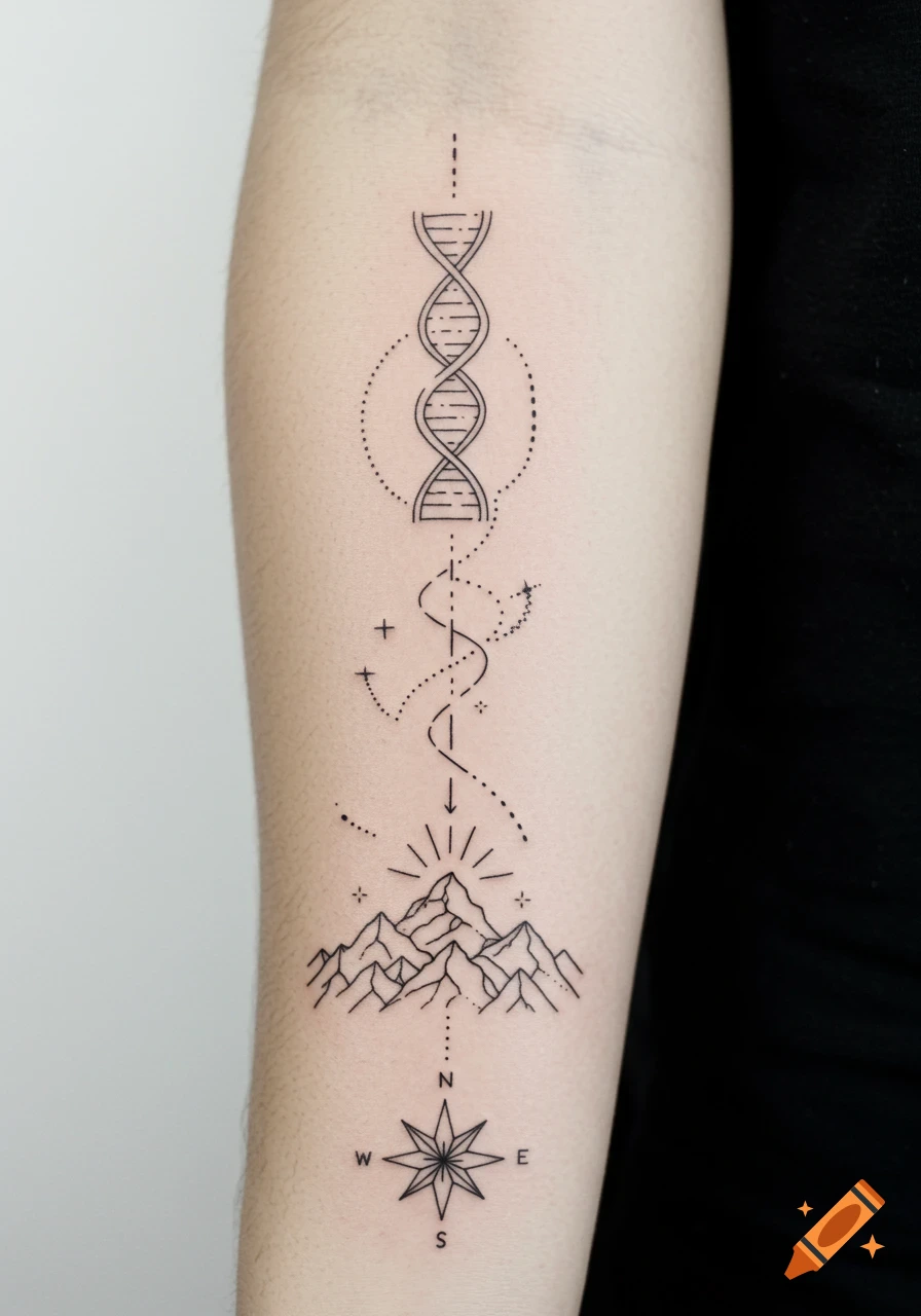 Minimalist line art tattoo design on forearm with DNA helix, path, mountains, and compass rose.