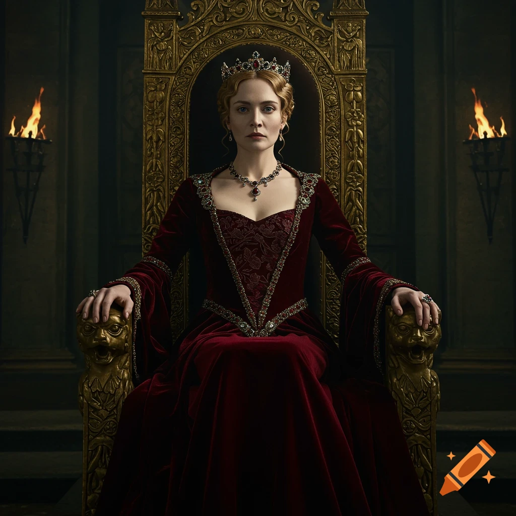 A woman in a red velvet gown and crown sits on a golden throne in a dark hall.
