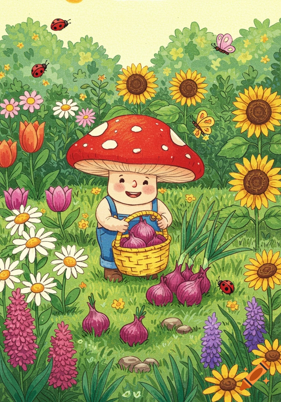 Crayon-style illustration of a cheerful mushroom character gathering onions in a vibrant garden with flowers and insects.