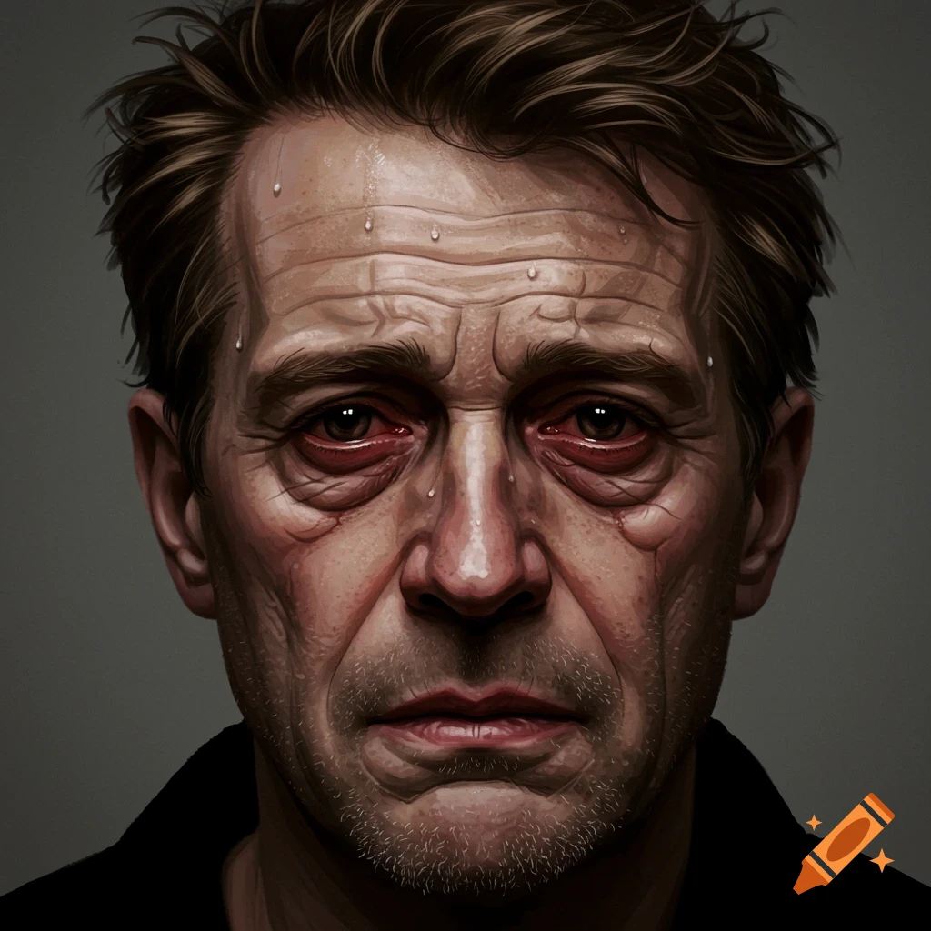 Headshot of a distressed man with red eyes and sweat.