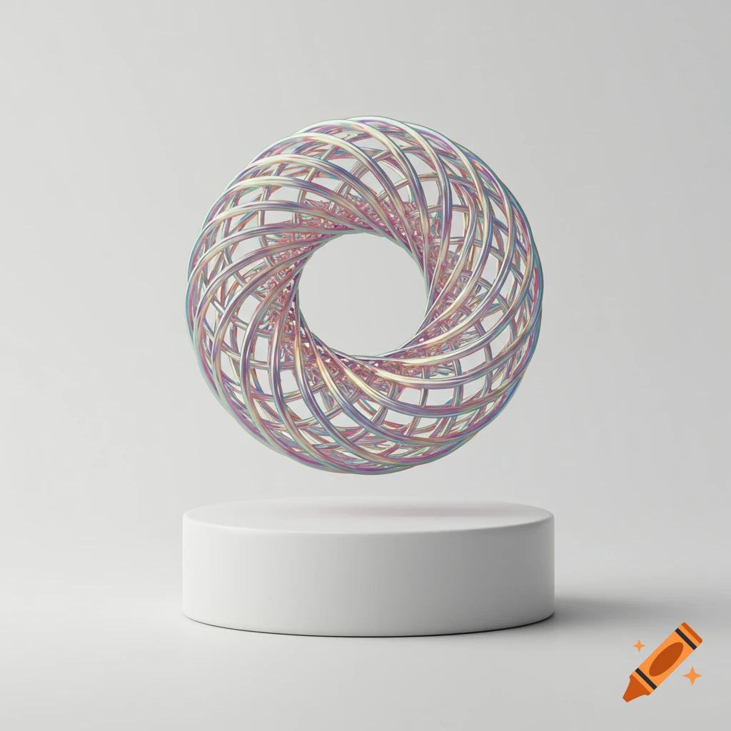 An iridescent geometric torus floating above a white pedestal.