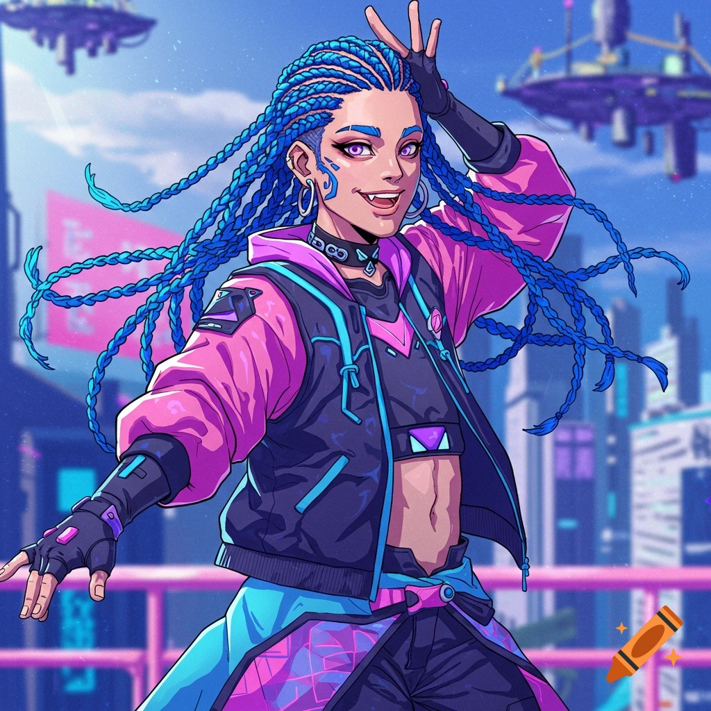 Illustration of a person with blue braids in cyberpunk clothes posing against a futuristic city.
