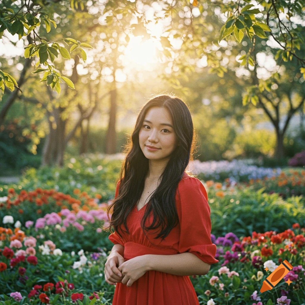 A woman in a red dress stands in a garden of colorful flowers with sunlight filtering through trees.