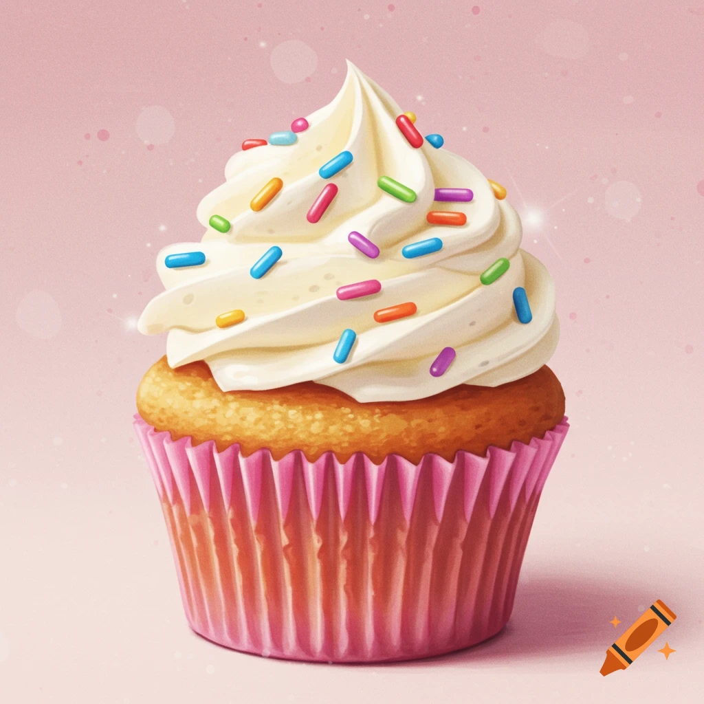 A vanilla cupcake with sprinkles and a pink wrapper.