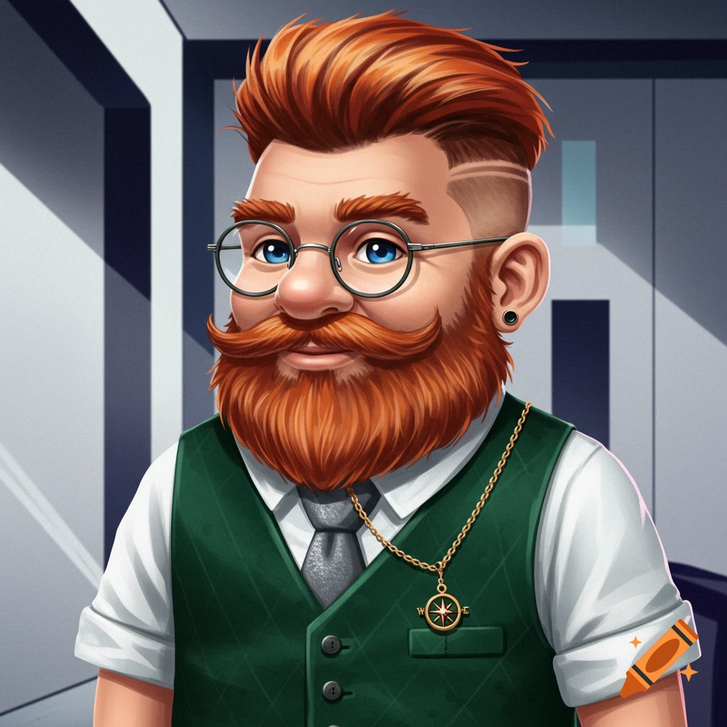 A stylized man with red hair, beard, glasses, green vest, and compass necklace.