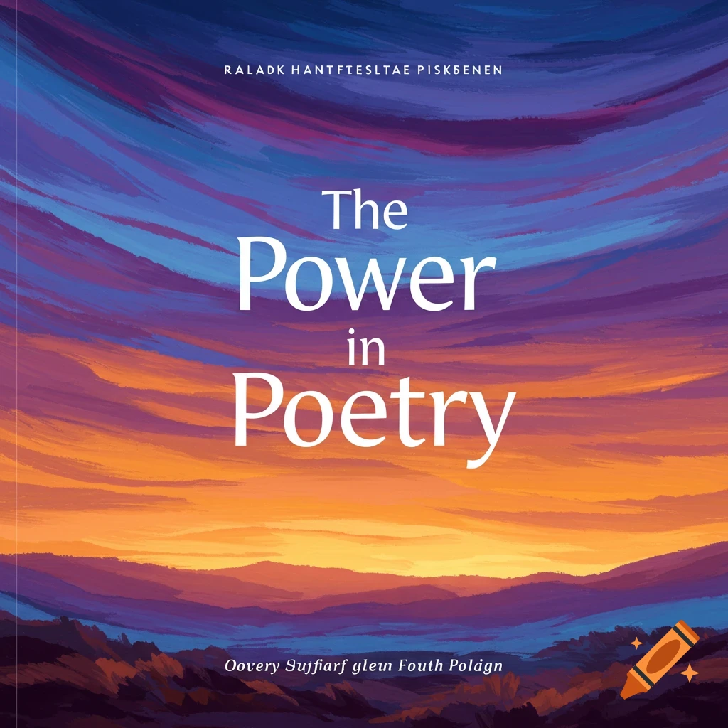 A book cover titled 'The Power in Poetry' over an abstract landscape of purple and orange clouds and mountains.