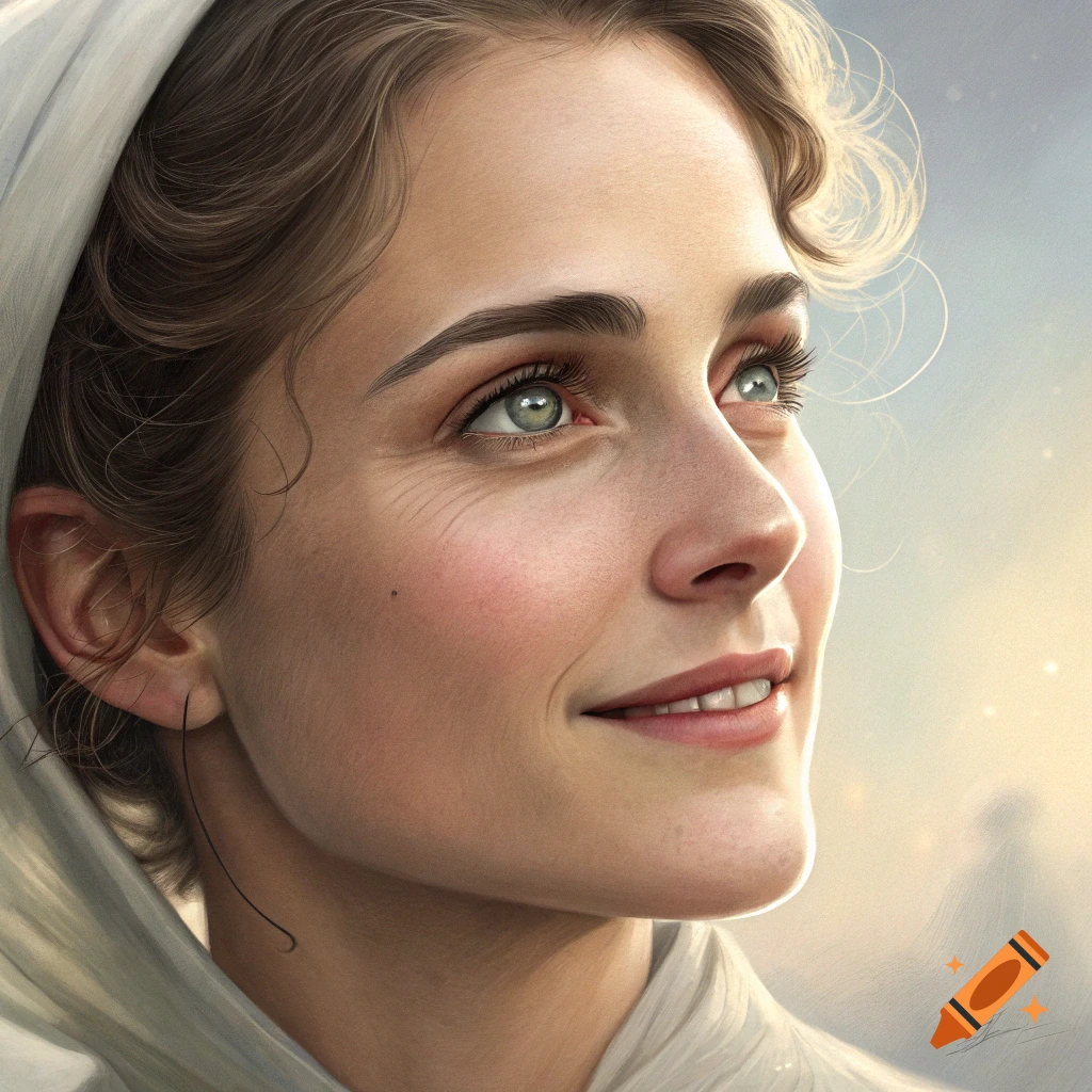 A close-up portrait of a young woman looking up with a slight smile, wearing a white head covering.