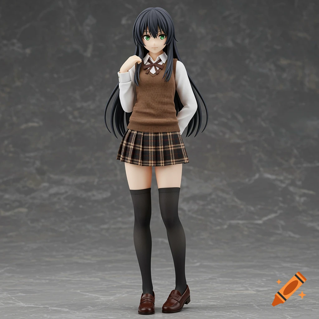 An anime action figure of a girl with long black hair and green eyes, wearing a school uniform with a brown vest and plaid skirt.