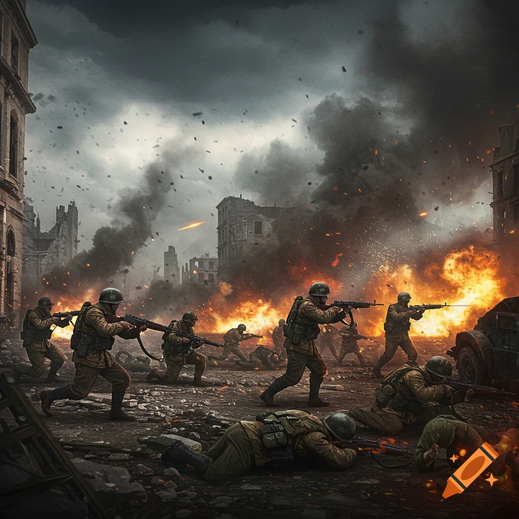 Soldiers fighting in a ruined city during a battle.