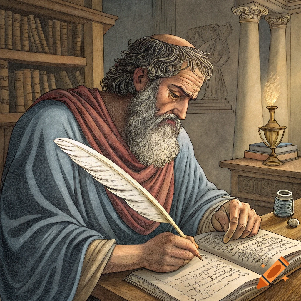An old man with a beard writing in a book with a quill in an ancient study.