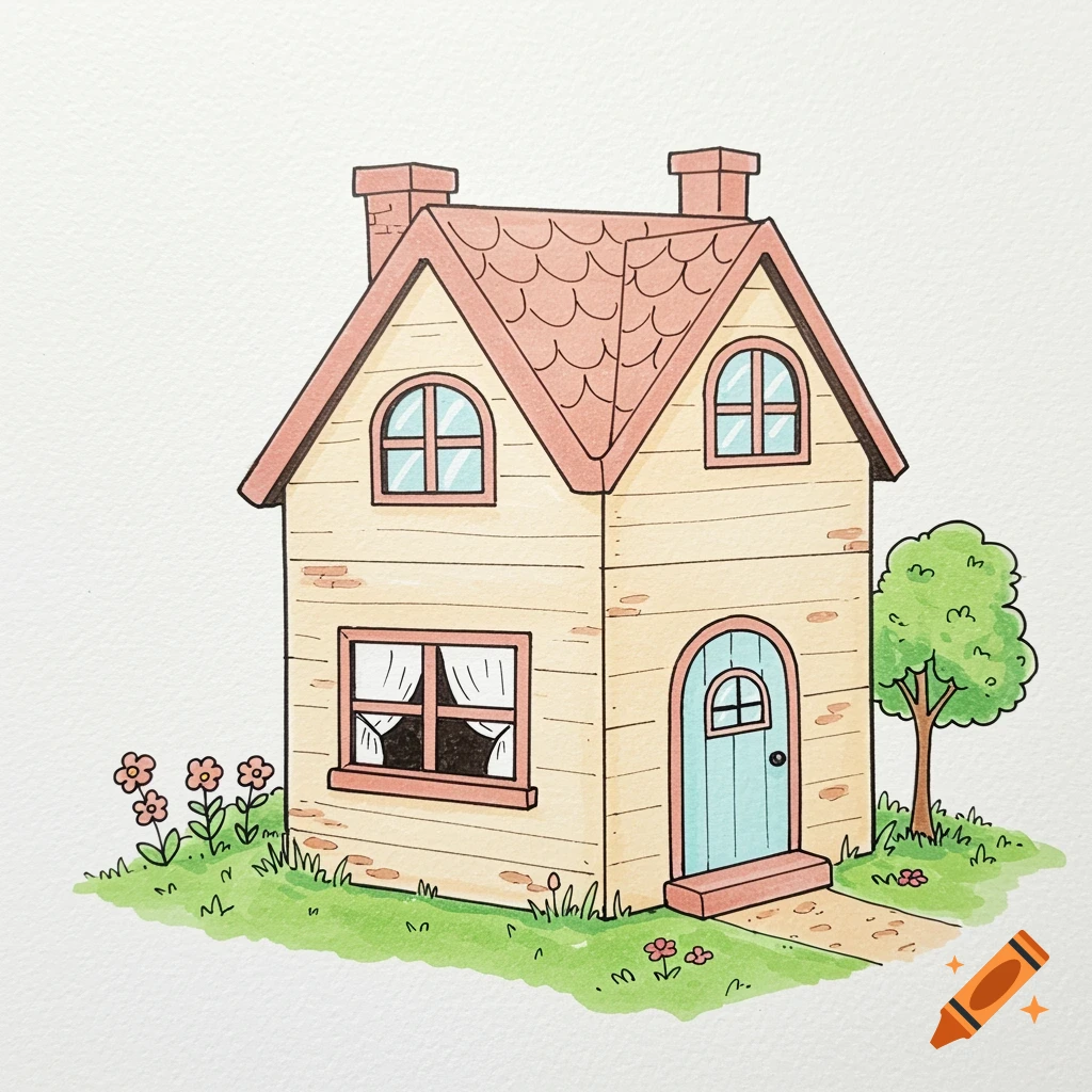 Cartoon illustration of a dollhouse with a garden.