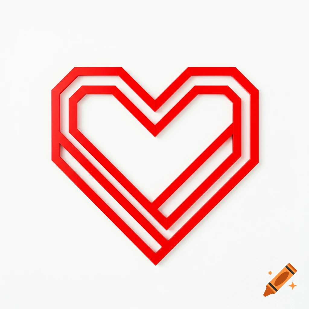 A red geometric heart made of simple lines on a white background.