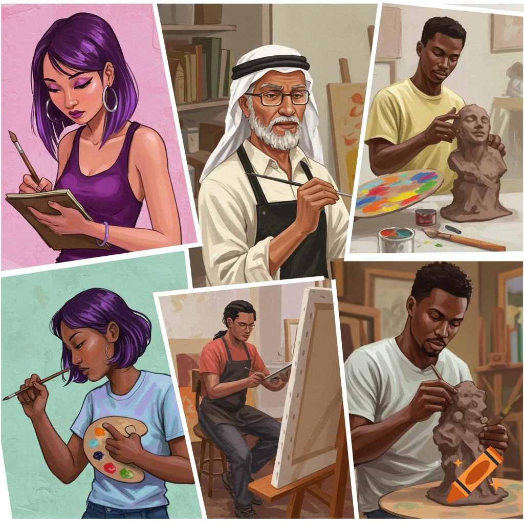 Collage of diverse artists working on paintings, sculptures, and drawings.