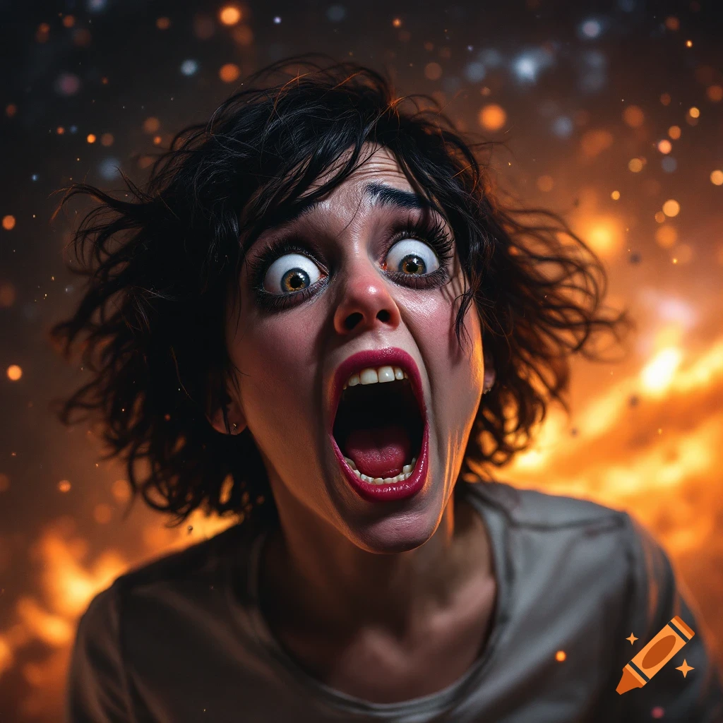 Woman screaming with wide eyes against a fiery, sparkling background.