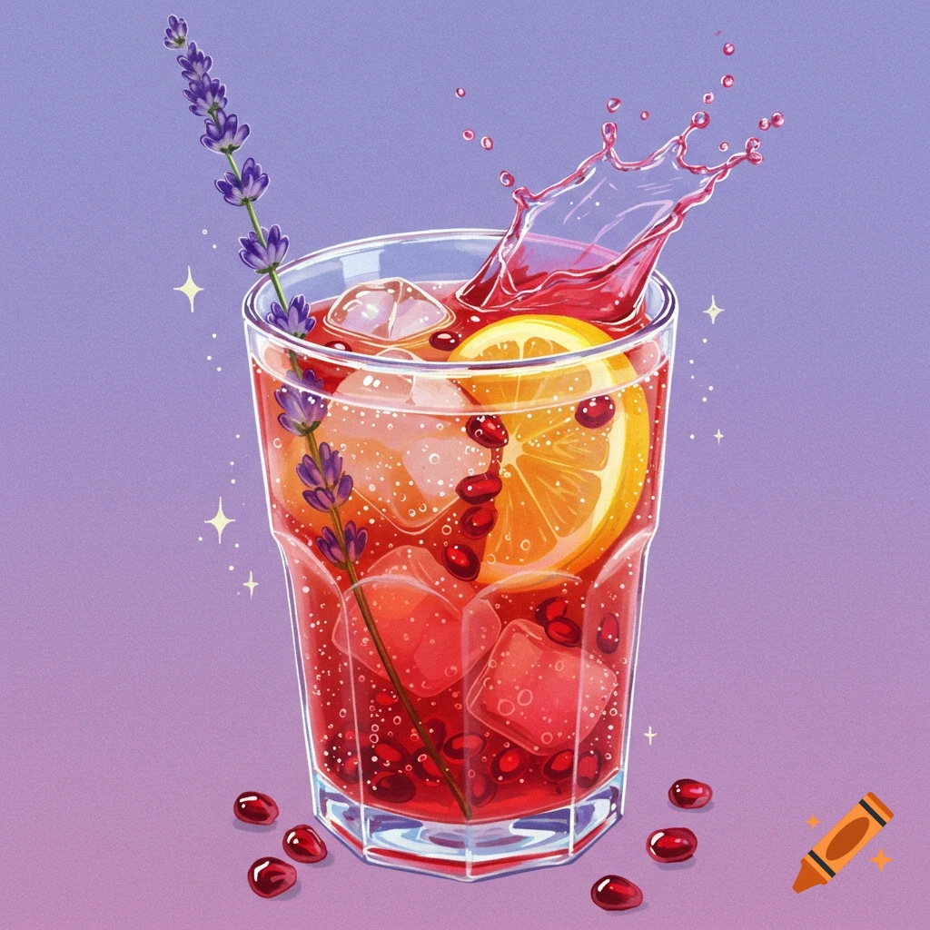 A drink with ice, lemon, pomegranate, and lavender, with a splash.