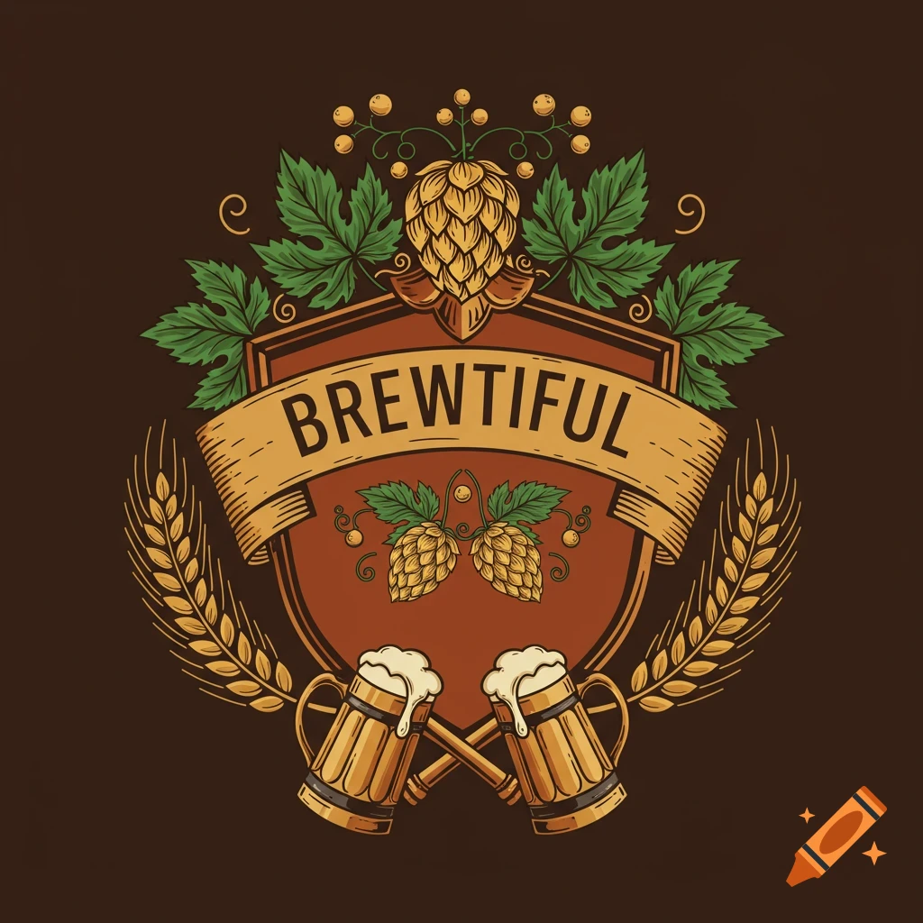 Vector art beer coat of arms with hops, wheat, mugs, and 'Brewtiful' text on a banner.
