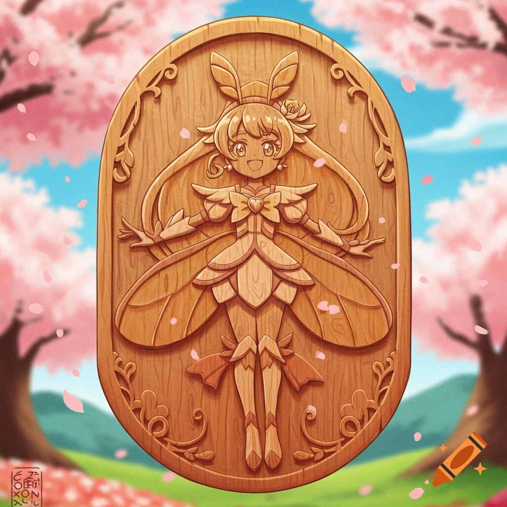 An anime character wood carving is nestled amongst cherry blossoms.
