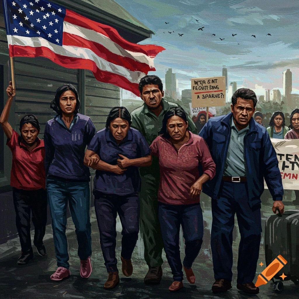 A group of people are carrying an American flag and signs, walking forward with determined expressions.