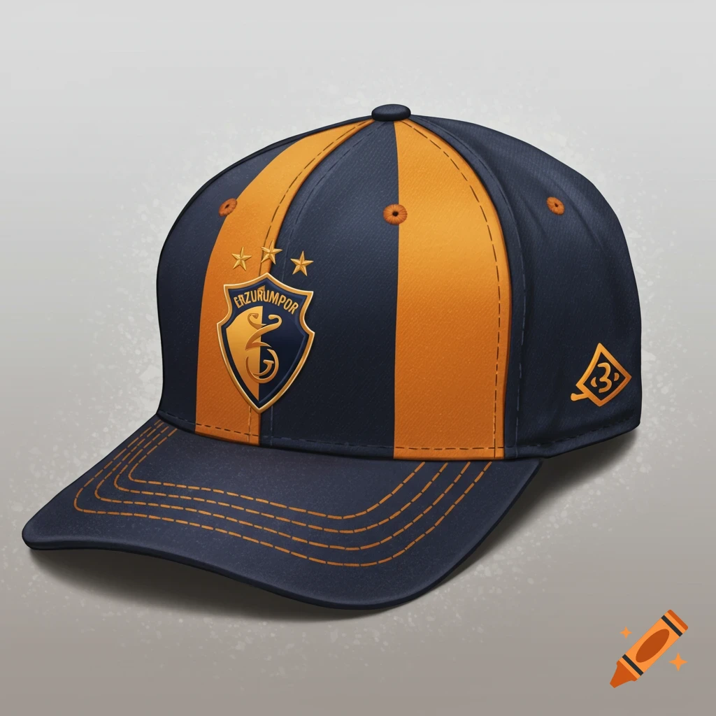A baseball cap in navy blue and orange with the Erzurumspor team logo on the front.