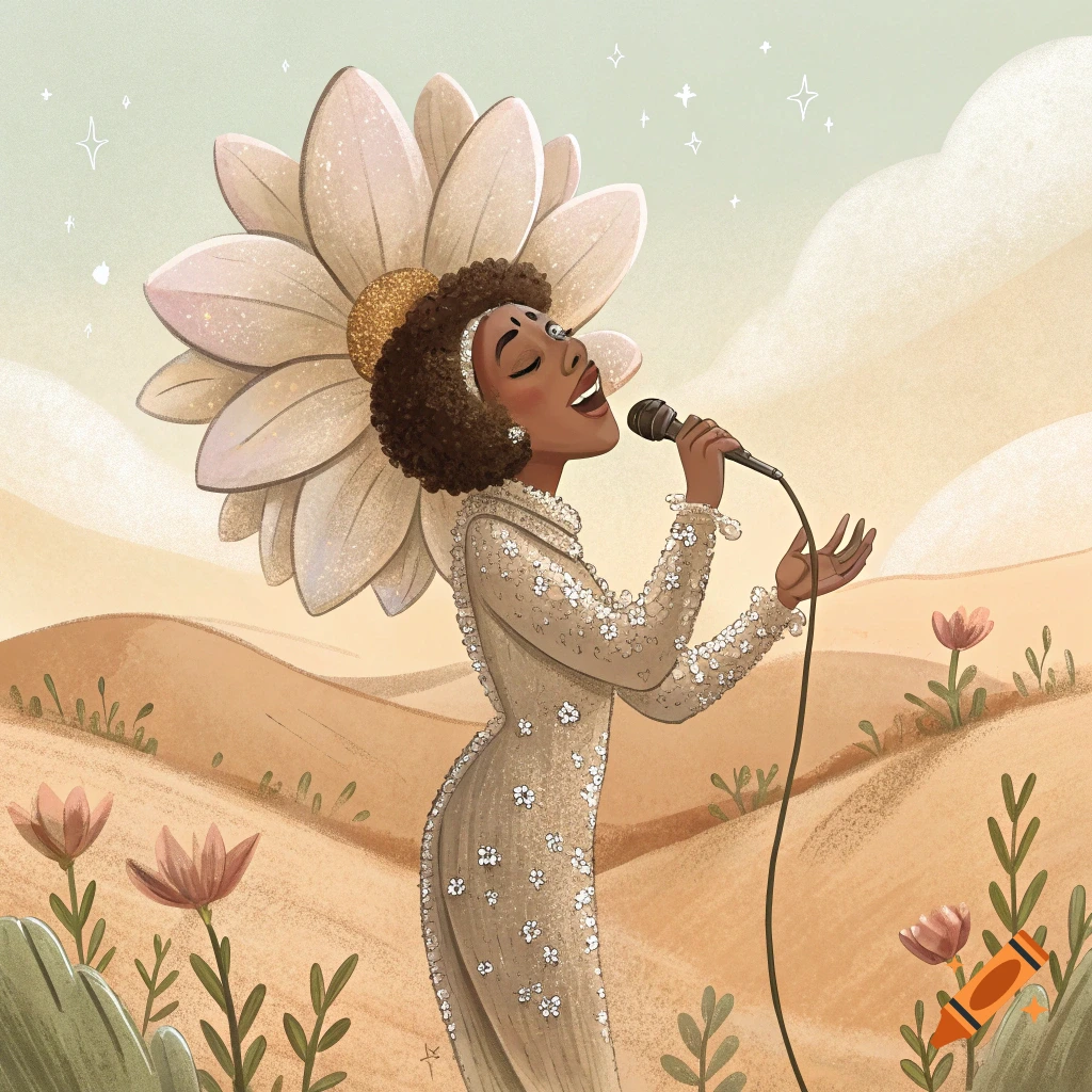 Illustration of a woman with flower petals for hair and a sequined dress singing into a microphone in a desert landscape.