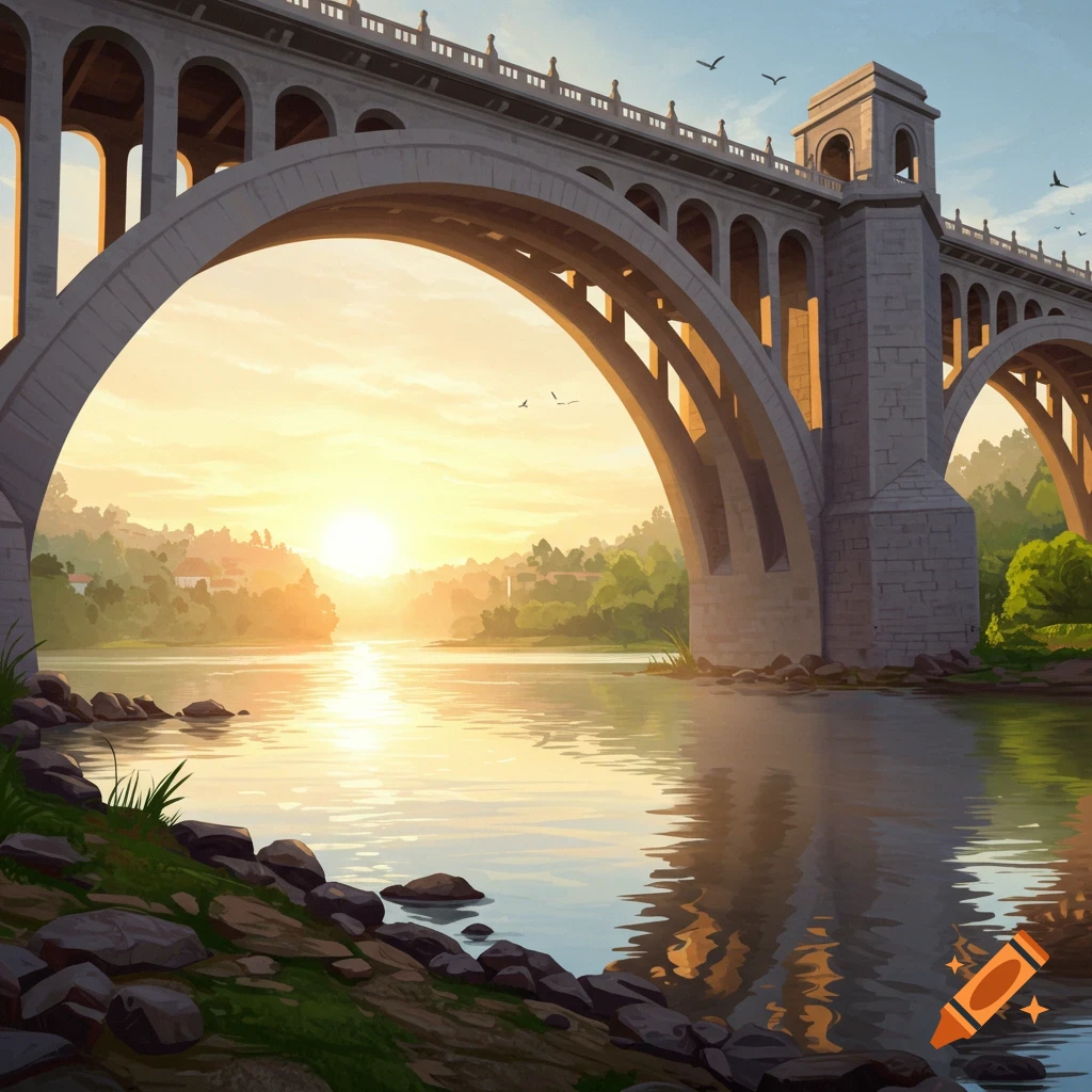 A bridge over a river at sunset.