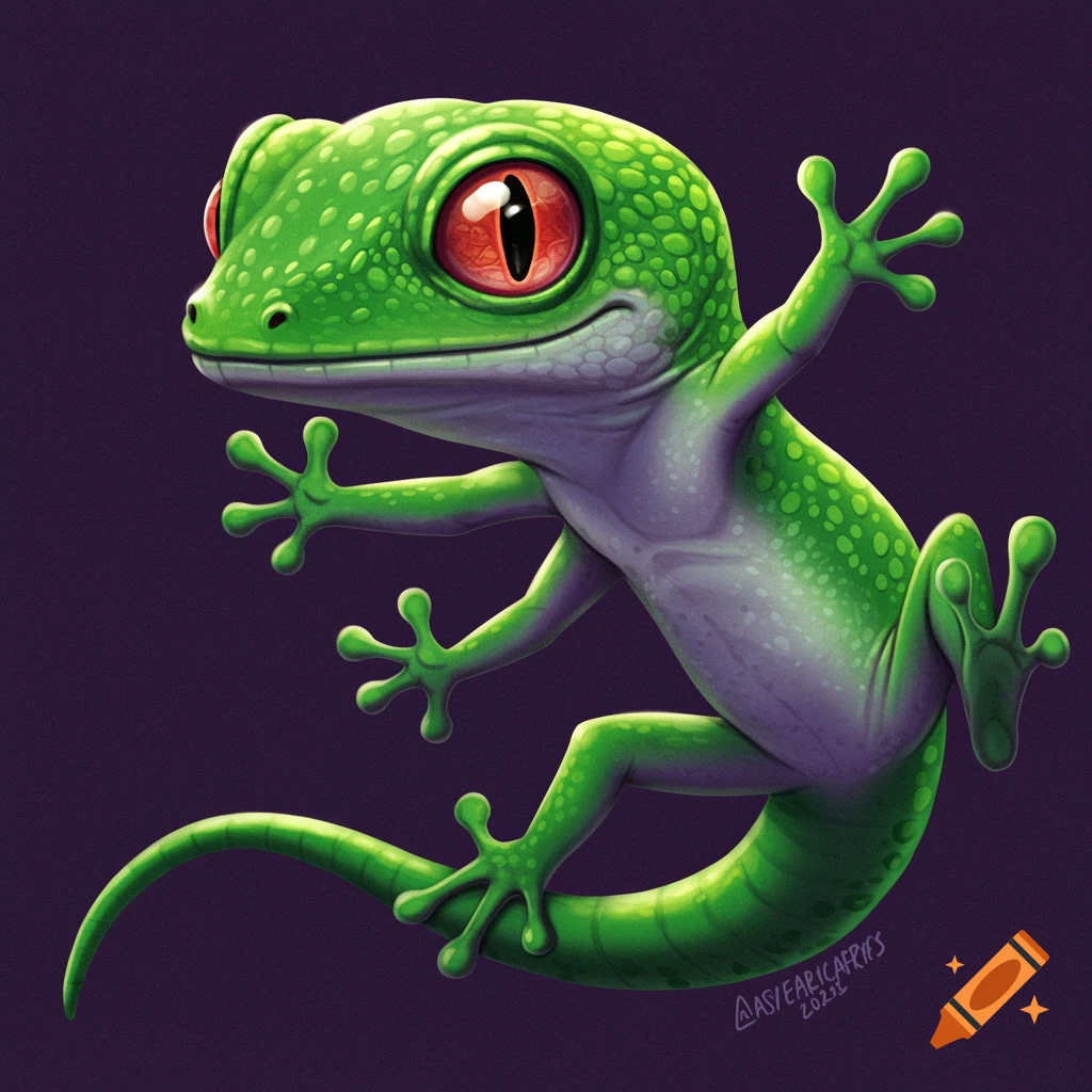 Vibrant image of a green gecko with large red eyes in a dynamic pose.