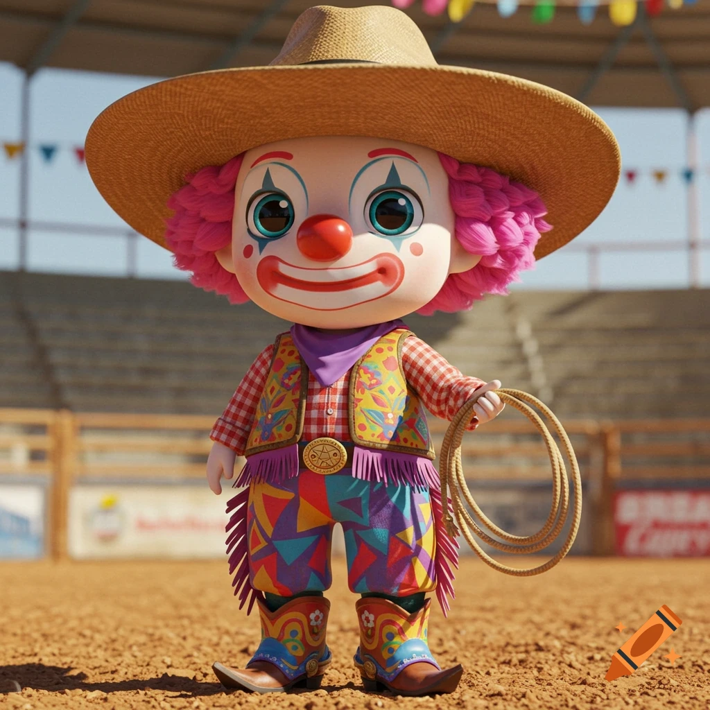 A cute cartoon clown character dressed as a cowboy, holding a lasso in a rodeo arena.