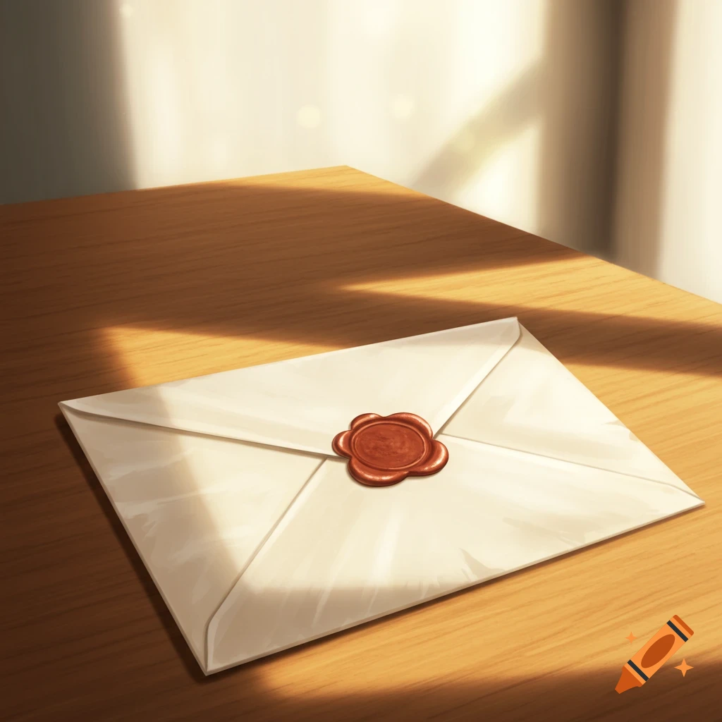 A white envelope with a red wax seal on a wooden table.