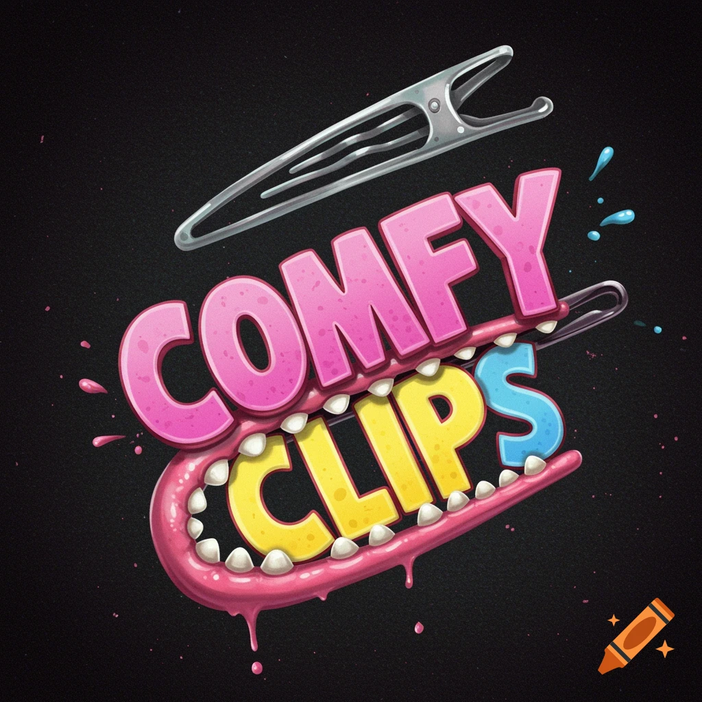 A cartoon metallic hair clip with teeth eats the words 'COMFY CLIPS' on a black background.