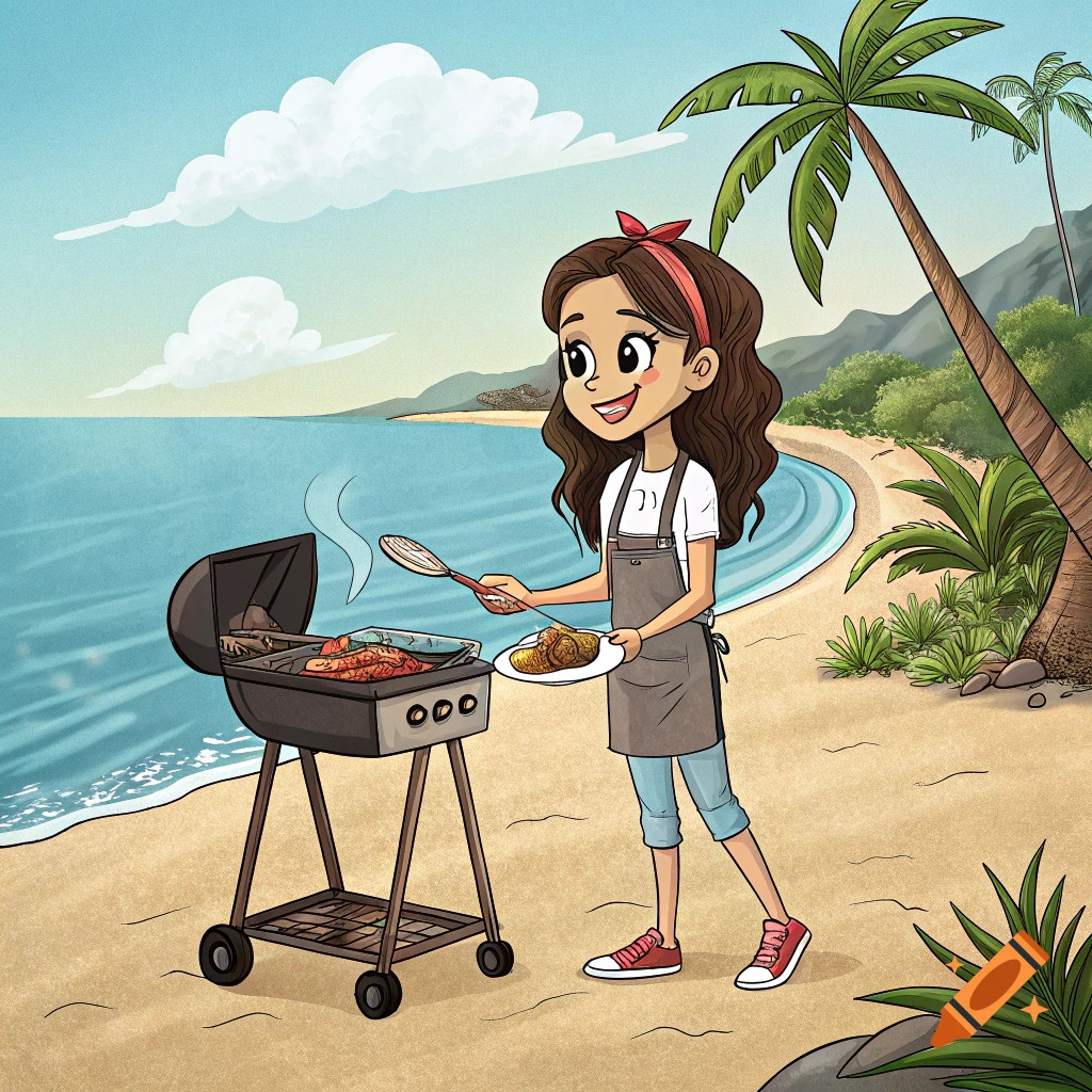 A cartoon girl grills food on the beach.