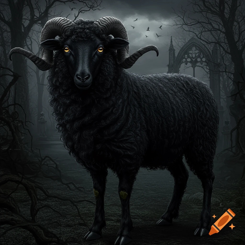A black ram with large horns and glowing eyes stands in a dark, gothic forest.