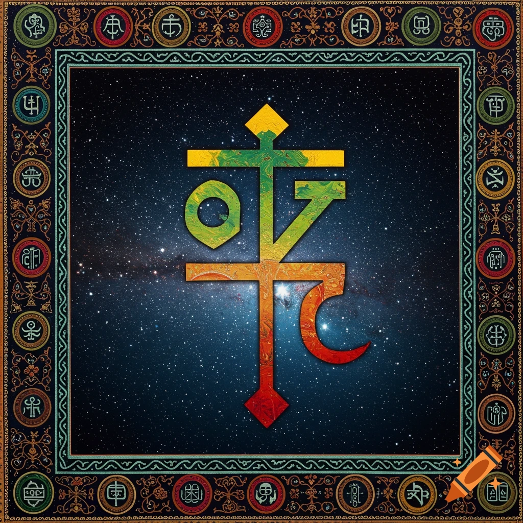 Colorful religious glyph symbol over starry space background with decorative border