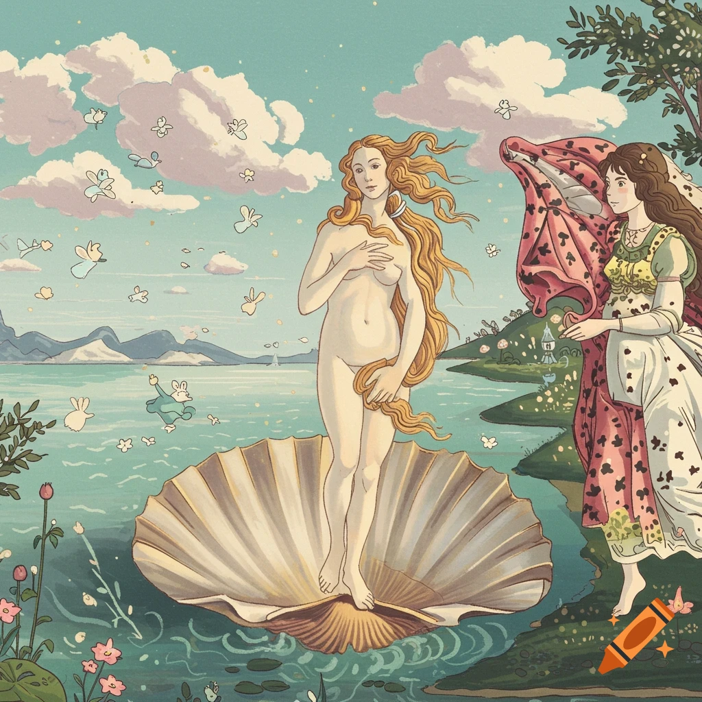 The Birth of Venus in a Hayao Miyazaki-inspired animation style, with floating figures.