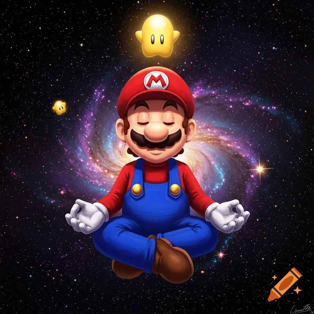 Mario meditating and floating in space with stars and a galaxy.