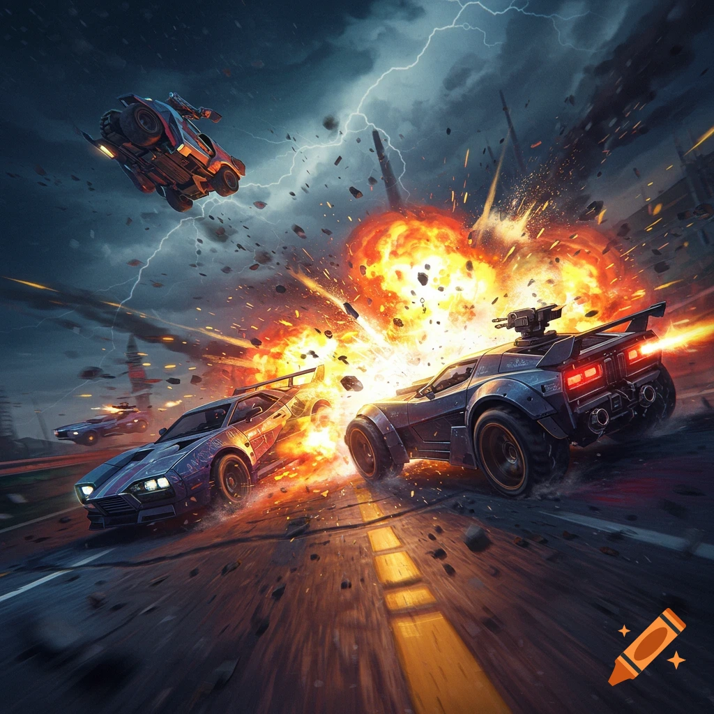 Action-packed scene of combat cars exploding on a highway under stormy skies.