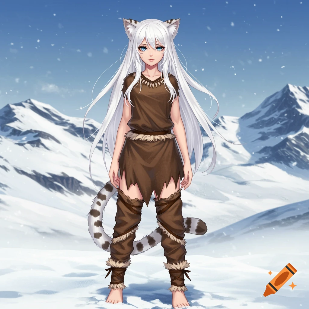 Anime girl with white hair, cat ears and tail, wearing tribal clothes, standing in snowy mountains.