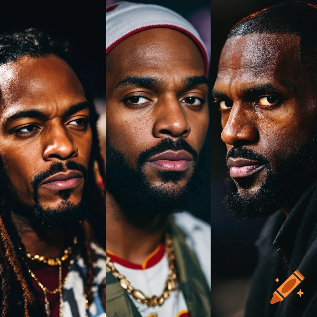 A three-panel image showing close-up portraits of three men. The first man has dreadlocks. The second wears a beanie. The third has a beard.