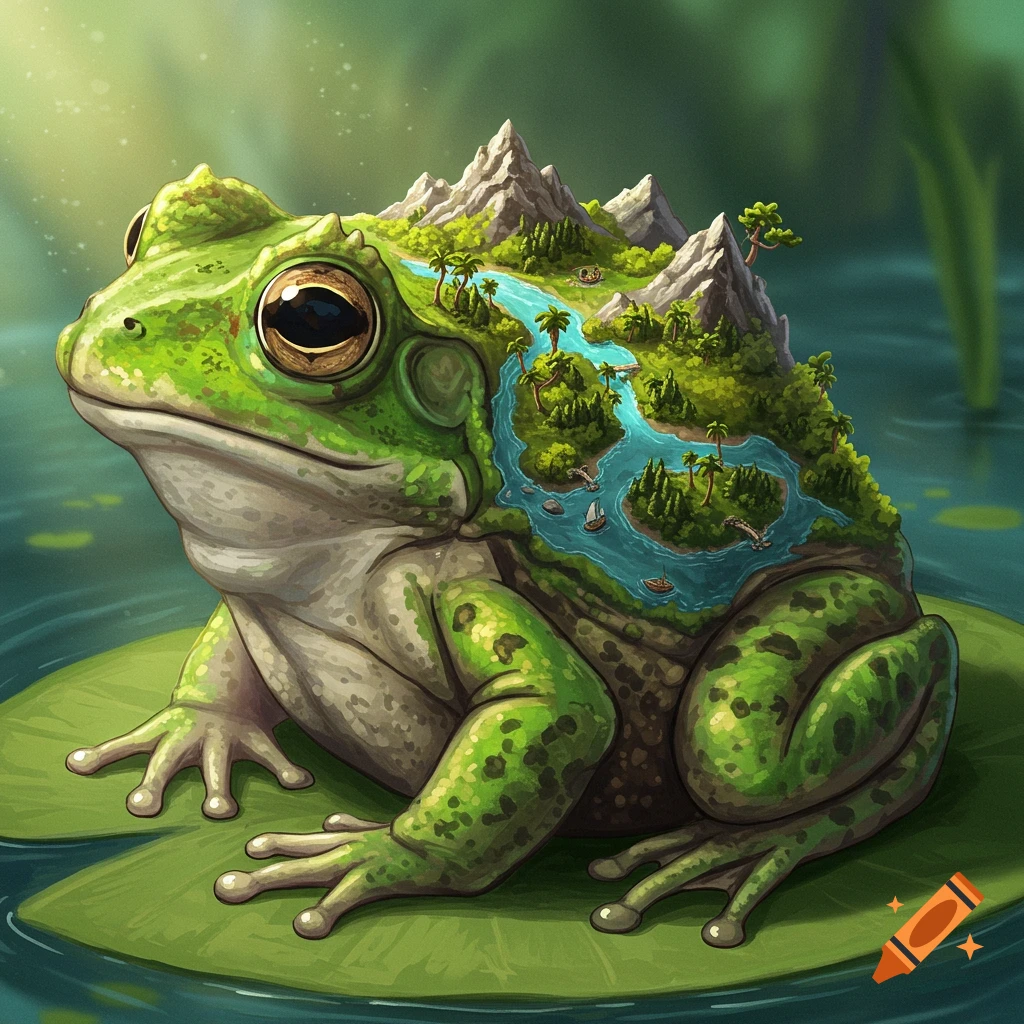 A green frog with a miniature landscape of mountains, rivers, islands, and trees on its back sits on a lily pad.