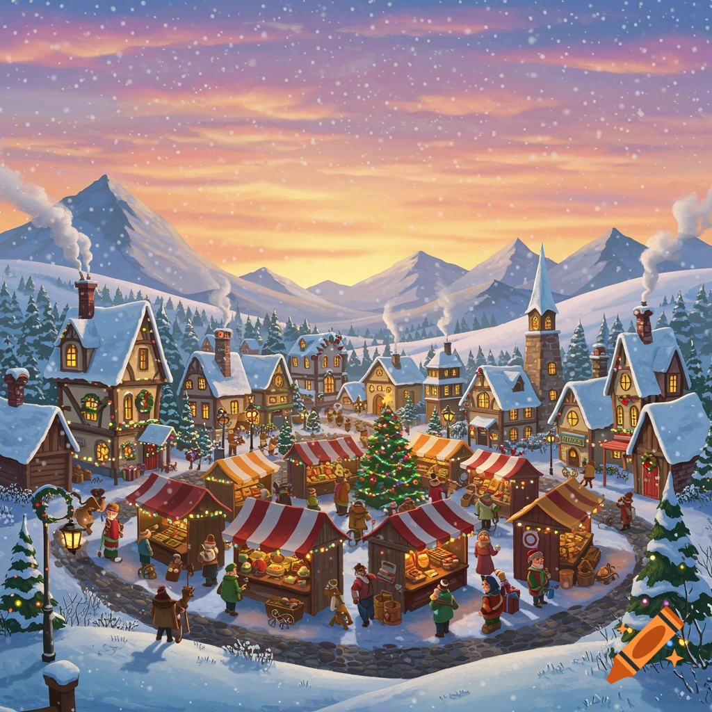 A bustling Christmas market in a snowy mountain town at sunset.