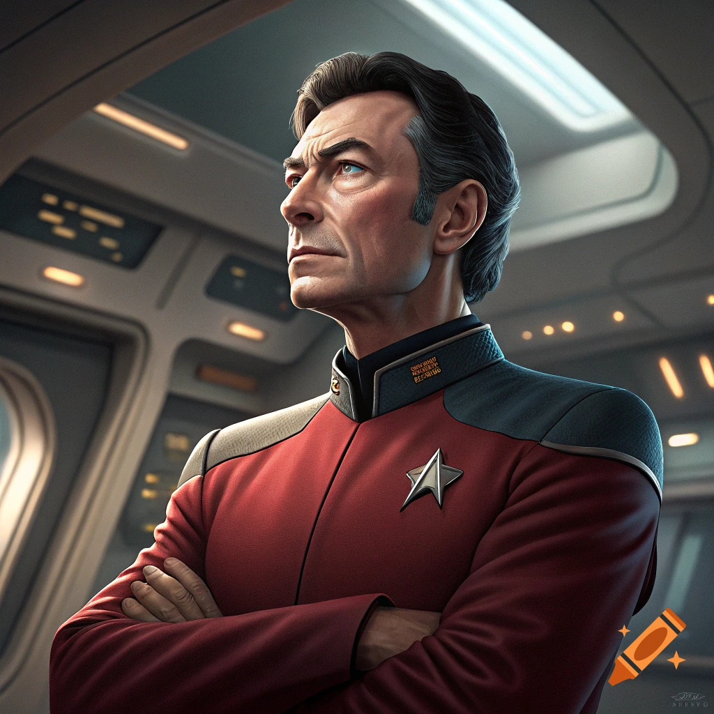 A man in a red and black futuristic uniform with a Starfleet insignia stands with arms crossed, looking up and to the left on a spaceship bridge.