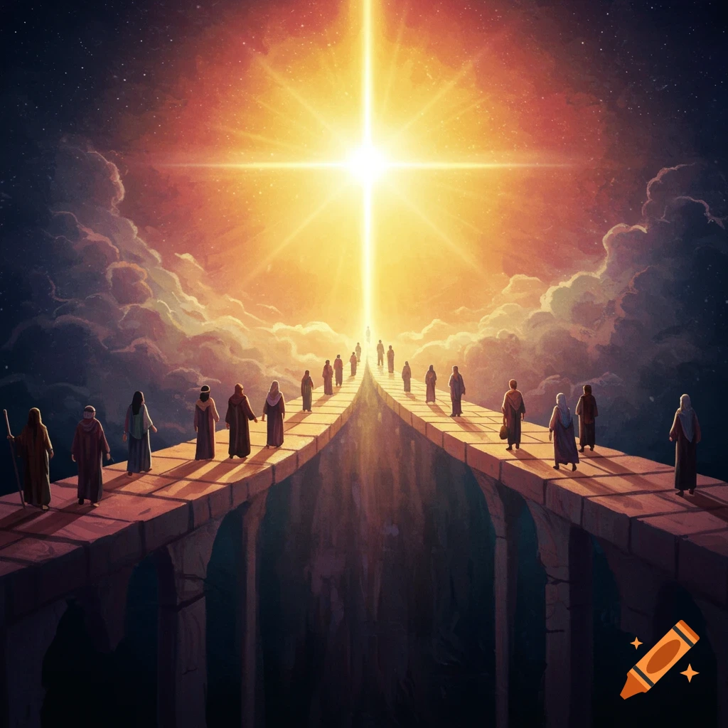 People walking on a bridge towards a bright star-like light in a cloudy sky.